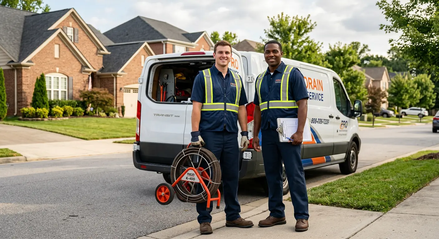 Sewer and drain service team with equipment ready for work in East Orange