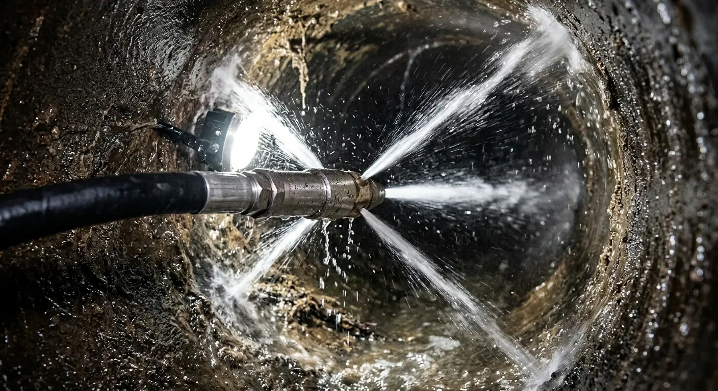 High-pressure hydro jetting nozzle cleaning sewer pipe for Trenchless Sewer Repair in East Orange