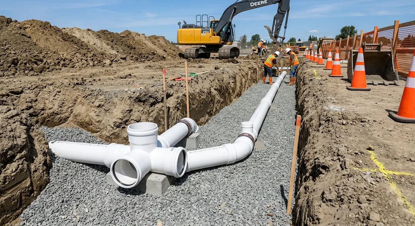 New PVC sewer pipe installation in open trench for Sewer Backup in East Orange