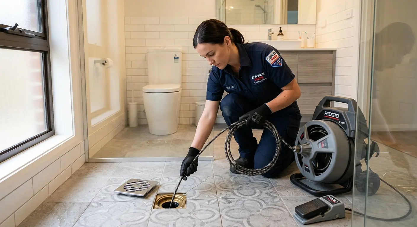 Technician clearing a bathroom floor drain for Sewer Line Installation in East Orange